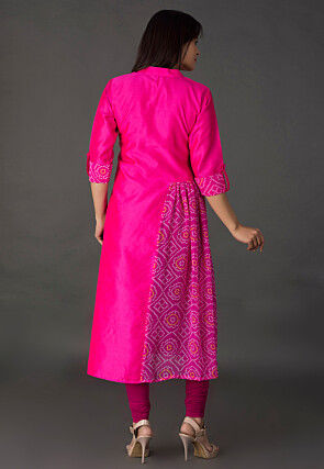 Bandhej Printed Dupion Silk A Line Suit in Fuchsia
