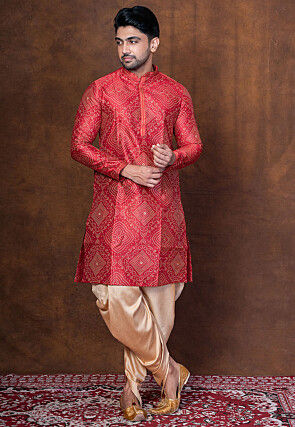 Bandhej Printed Dupion Silk Dhoti Kurta in Red
