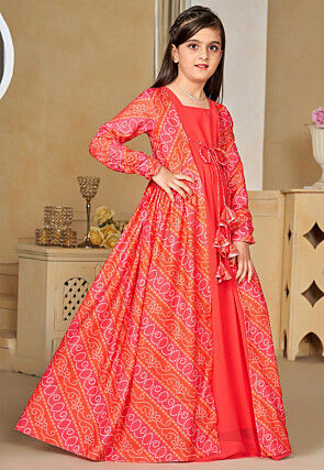 Bandhej Printed Georgette Gown in Red