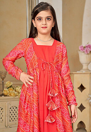 Bandhej Printed Georgette Gown in Red