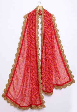 Bandhej Printed Georgette Scalloped Dupatta in Red