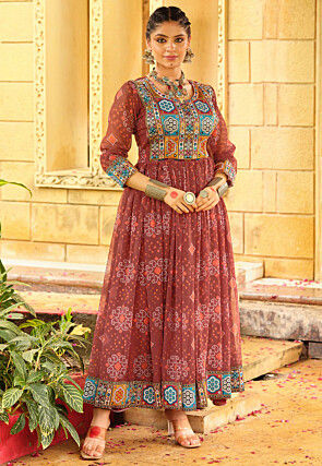 Bandhej Printed Georgette A Line Kurta in Brown
