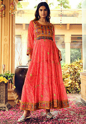Bandhej Printed Georgette A Line Kurta in Pink