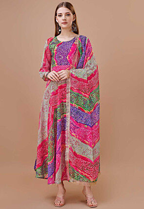 Bandhej Printed Georgette A Line Suit in Multicolor