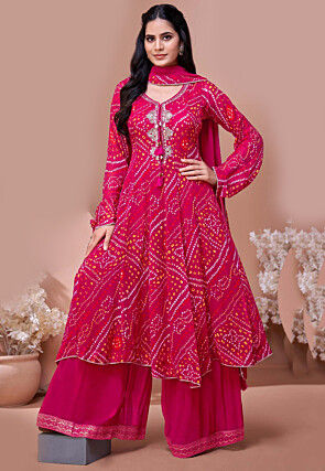 Bandhej Printed Georgette A Line Suit in Pink