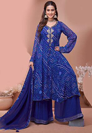 Bandhej Printed Georgette A Line Suit in Royal Blue