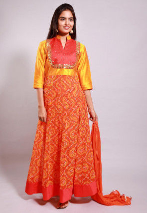 Bandhej Printed Georgette Abaya Style Suit in Orange