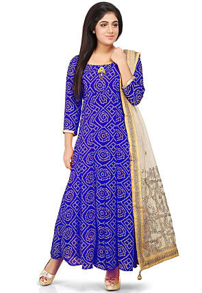 Bandhej Printed Georgette Abaya Style Suit in Royal Blue