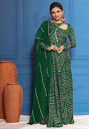 Bandhej Printed Georgette Abaya Style Suit in Dark Green