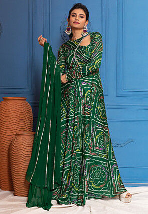 Bandhej Printed Georgette Abaya Style Suit in Dark Green