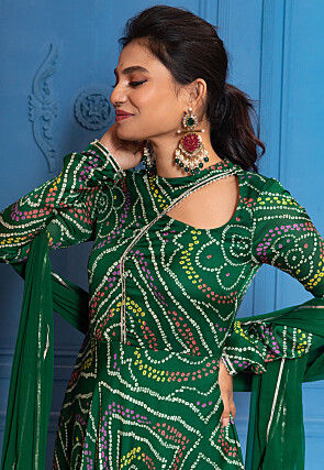 Bandhej Printed Georgette Abaya Style Suit in Dark Green
