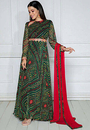 Bandhej Printed Georgette Abaya Style Suit in Dark Green