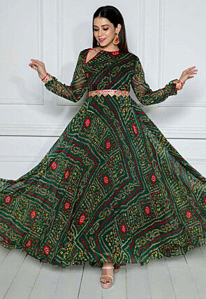 Bandhej Printed Georgette Abaya Style Suit in Dark Green