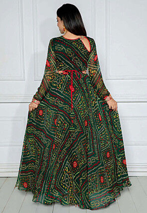 Bandhej Printed Georgette Abaya Style Suit in Dark Green
