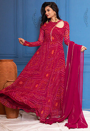 Bandhej Printed Georgette Abaya Style Suit in Fuchsia