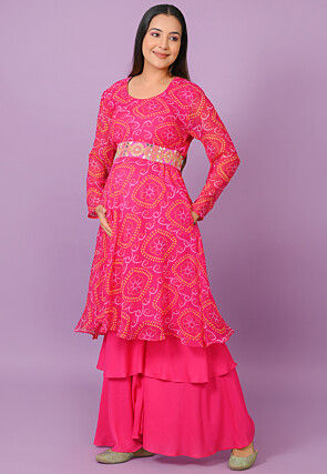 Bandhej Printed Georgette Aline Kurta Set in Fuchsia