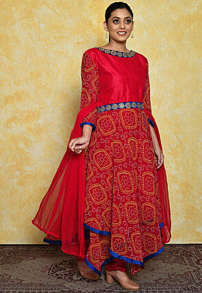 Bandhej Printed Georgette and Art Dupion Silk A Line Suit in Red