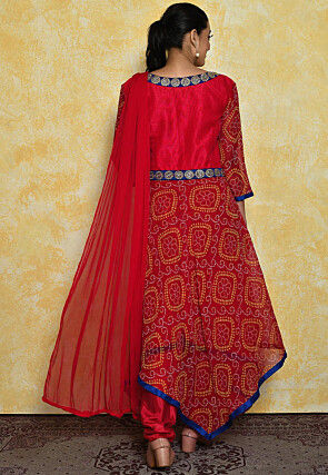Bandhej Printed Georgette and Art Dupion Silk A Line Suit in Red