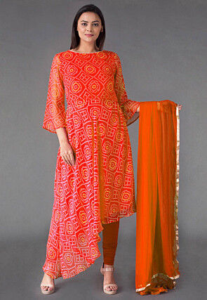 Bandhej Printed Georgette Asymmetric A Line Suit in Orange