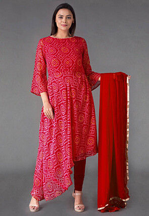 Bandhej Printed Georgette Asymmetric A Line Suit in Red