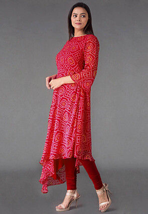 Bandhej Printed Georgette Asymmetric A Line Suit in Red