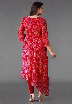 Bandhej Printed Georgette Asymmetric A Line Suit in Red