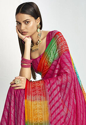 Bandhej Printed Georgette Brasso Saree in Fuchsia