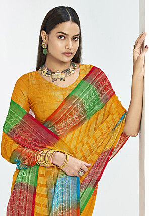 Bandhej Printed Georgette Brasso Saree in Mustard