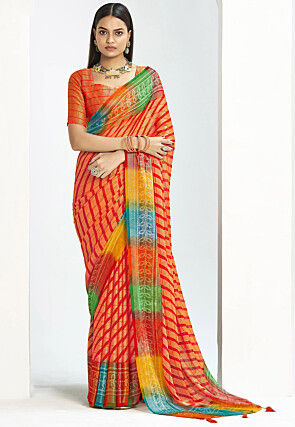 Bandhej Printed Georgette Brasso Saree in Orange