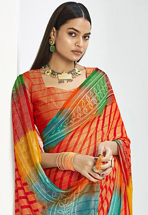 Bandhej Printed Georgette Brasso Saree in Orange