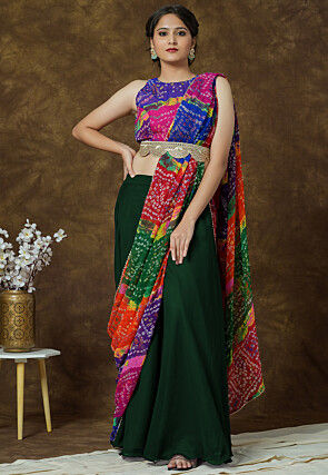Bandhej Printed Georgette Crop Top in Multicolor and Dark Green
