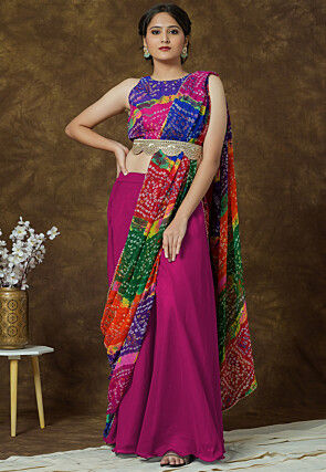 Bandhej Printed Georgette Crop Top in Multicolor and Fuchsia