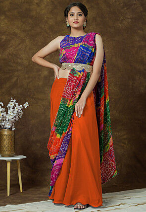 Bandhej Printed Georgette Crop Top in Multicolor and Orange