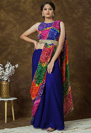 Bandhej Printed Georgette Crop Top in Multicolor and Royal Blue