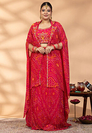 Bandhej Printed Georgette Crop Top Set in Fuchsia