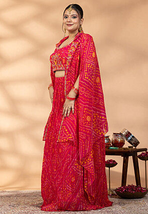 Bandhej Printed Georgette Crop Top Set in Fuchsia