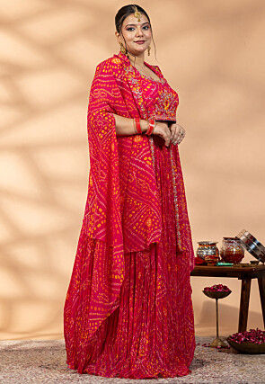 Bandhej Printed Georgette Crop Top Set in Fuchsia