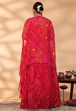 Bandhej Printed Georgette Crop Top Set in Fuchsia