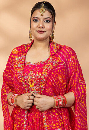 Bandhej Printed Georgette Crop Top Set in Fuchsia