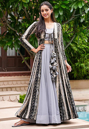 Bandhej Printed Georgette Crop Top Set in Grey