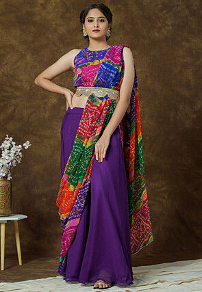 Bandhej Printed Georgette Crop Top Set in Multicolor