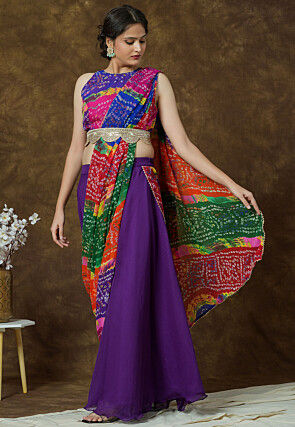 Bandhej Printed Georgette Crop Top Set in Multicolor