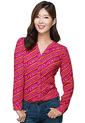 Bandhej Printed Georgette Front Open Shirt Style Top in Fuchsia