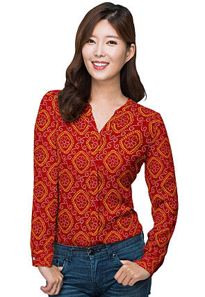 Bandhej Printed Georgette Front Open Shirt Style Top in Red