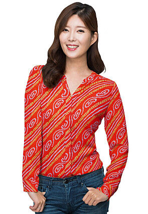 Bandhej Printed Georgette Front Open Shirt Style Top in Red