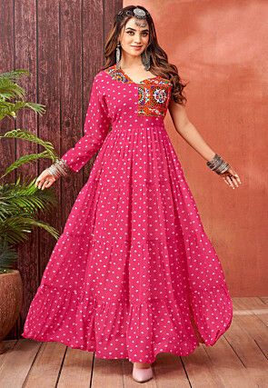 Bandhej Printed Georgette Tiered Gown in Fuchsia