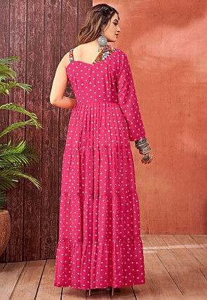 Bandhej Printed Georgette Tiered Gown in Fuchsia