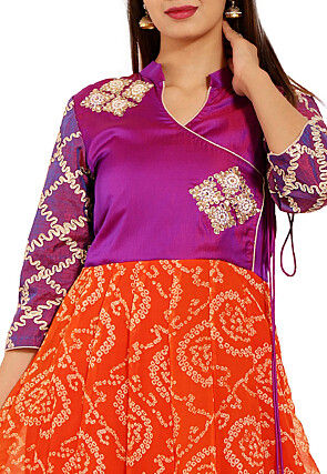 Bandhej Printed Georgette Gown in Orange and Purple