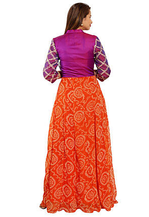 Bandhej Printed Georgette Gown in Orange and Purple