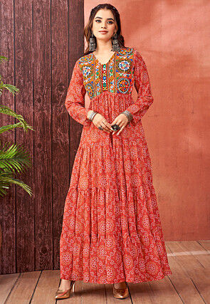Bandhej Printed Georgette Tiered Gown in Orange